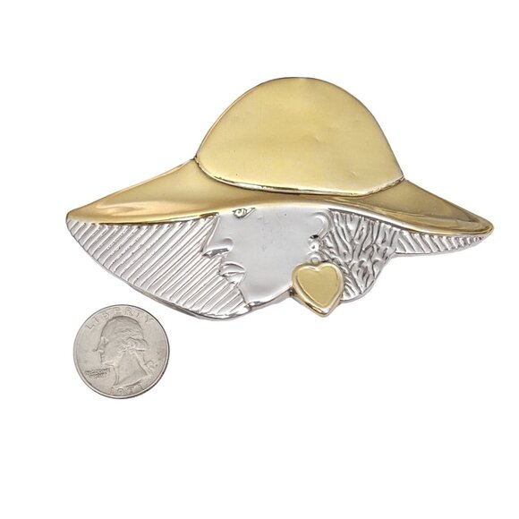 Sterling Silver 925 Gold Vermeil Lady In Hat Hollow Statement Brooch - Picture 8 of 11